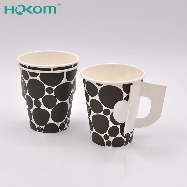 Hokom hot sale cup cangkir kertas cetak khusus eko ramah lingkungan 6oz cangkir teh dengan pegangan